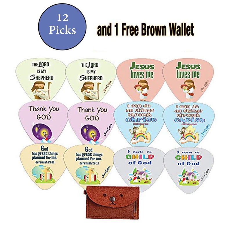 NewEights Christian Bible Verse Guitar Picks for Kids (12-pack) - FREE 1 Cute Guitar Pick Holder Wallet - Stocking Stuffers for Birthday Easter Sunday School Thanksgiving Christmas - Image 1